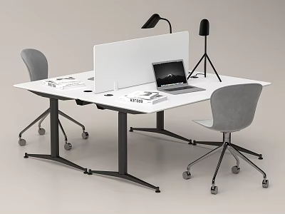 Office Desk With White Tabletop Laptop Desk Lamp Divider And Gray Chairs 3d model