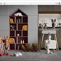 Adorable Stuffed Toys Rabbit Dolls And Teddy Bears On Pink Bookshelf With Books Decorative Items