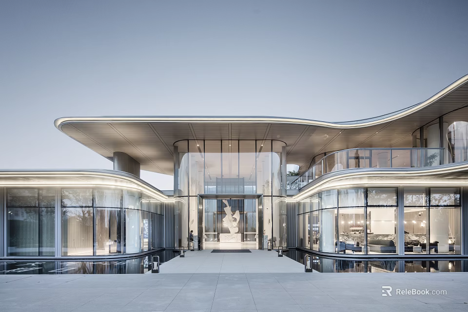 Modern Sales Office Building With Curved Roof Glass Curtain Walls And Water Feature 3d model 