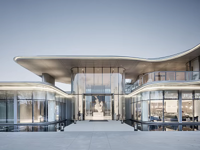 Modern Sales Office Building With Curved Roof Glass Curtain Walls And Water Feature 3d model