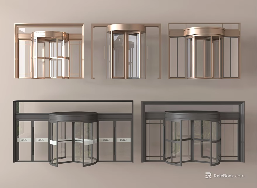 Modern Revolving Doors Design With Glass Panels And Metal Frames In Gold And Black 3d model 