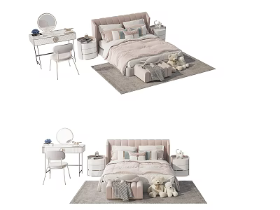 Cozy Children's Bed With Soft Bedding Pillows Stuffed Toys And Bedside Table 3d model