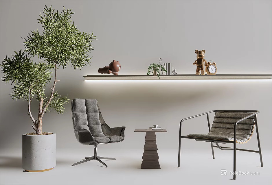 Modern Table And Chairs Set With Grey Upholstered Chair Metal Frame Chair And Small Table 3d model 