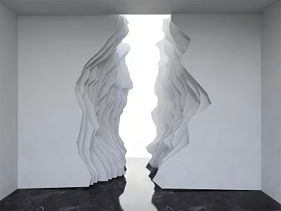 White Background Wall Featuring Symmetrical Wavy Cutout Design With Light Source And Black Reflective Floor 3d model