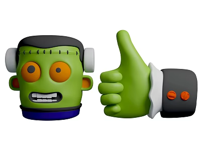 Floral Halloween Decor Featuring Green Frankenstein Head And Thumb Up Hand With Black Cuff Orange Buttons 3d model
