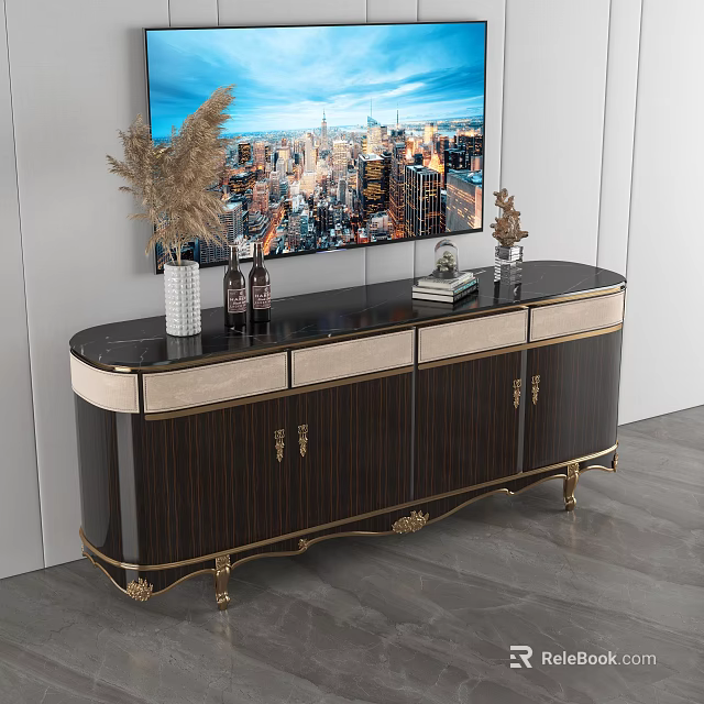 Luxury Black TV Stand With Gold Accents Marble Top And Decorative Items 3d model 
