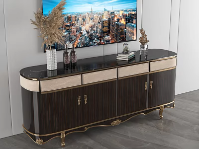 Luxury Black TV Stand With Gold Accents Marble Top And Decorative Items 3d model