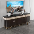 Luxury Black TV Stand With Gold Accents Marble Top And Decorative Items