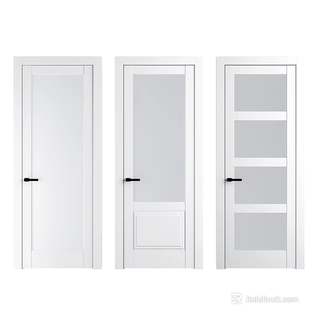 White Hinged Interior Doors with Various Designs Glass Panels and Panel Details 3d model