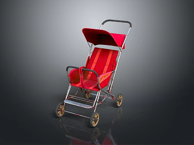Red Baby Stroller With Red Canopy And Metal Frame On Reflective Surface 3d model