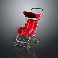 Red Baby Stroller With Red Canopy And Metal Frame On Reflective Surface