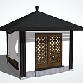 Chinese Style Pavilion With Black Roof Lattice Door Circular Window And Bench