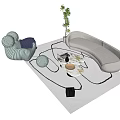 Curved Beige Sofa And Marble Coffee Table Set With Neutral Rug Potted Plant Decorative Accents