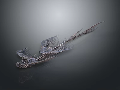 Intricate Metallic Fish Bone Sculpture Featuring Detailed Structure And Decorative Design Elements 3d model