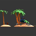 Cartoon Scene Featuring Green Palm Trees Orange Trunks Black Character Sand Stones And Wooden Bridge
