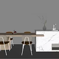 Modern Dining Table Set With Wooden Top Metal Leg Chairs And Marble Cabinet