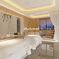 Modern Elegant SPA Sauna Room With Massage Beds Warm Lighting Wooden Decor Plants Orange Chair