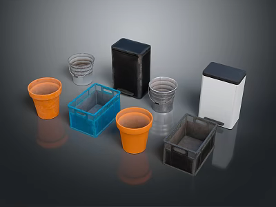 Washing Daily Use Items With Orange Buckets Blue Storage Boxes Transparent Cups And Containers 3d model