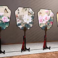 Floral Butterfly Pattern Fan Ornament Decorative Set With Wooden Stand