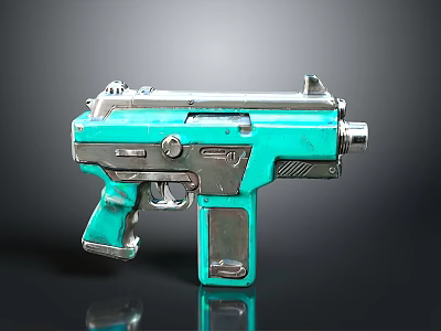 Turquoise And Silver Metallic Modern Pistol With Futuristic Design Features 3d model