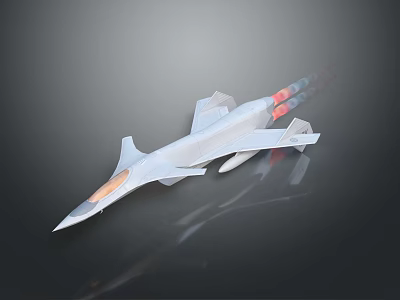 Detailed White Fighter Jet Model With Red Exhaust Flames On Dark Reflective Surface 3d model