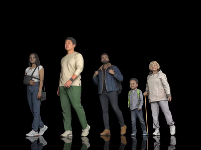 Diverse Group of People Standing Together on Black Background with Reflections 3d model