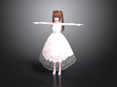 Cute Child with Brown Pigtails in White Lace Dress Arms Outstretched Wearing Blue Shoes 3d model