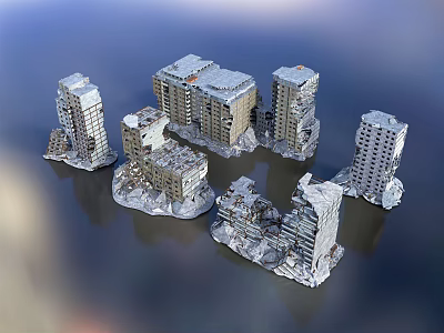Damaged High Rise Building Models With Collapsed Structures And Scattered Debris 3d model