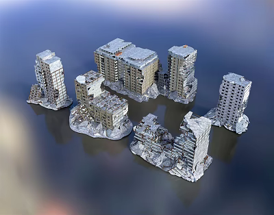 Damaged High Rise Building Models With Collapsed Structures And Scattered Debris 3d model