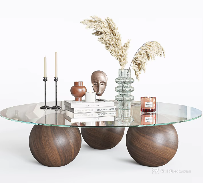 Glass Top Coffee Table With Walnut Wood Sphere Bases Candles Books Sculpture And Pampas Grass 3d model 