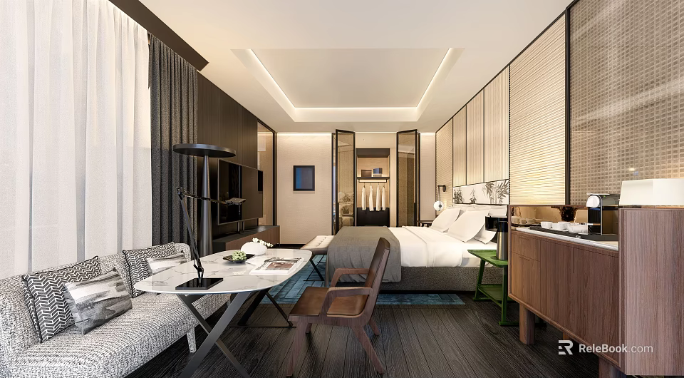 Elegant Modern Hotel Room Interior with Comfortable Bed Table Chairs and Lighting 3d model 