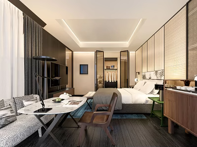 Elegant Modern Hotel Room Interior with Comfortable Bed Table Chairs and Lighting 3d model