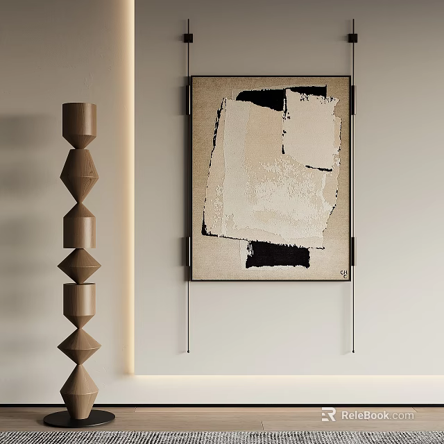 Modern Interior With Abstract Beige Black Painting And Brown Decorative Column 3d model 