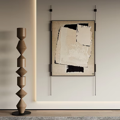 Modern Interior With Abstract Beige Black Painting And Brown Decorative Column 3d model