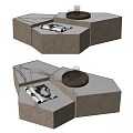 Hexagonal Modular Coffee Table Featuring Marble Top Woven Wood Frame Tray Glass Cups And Magazine