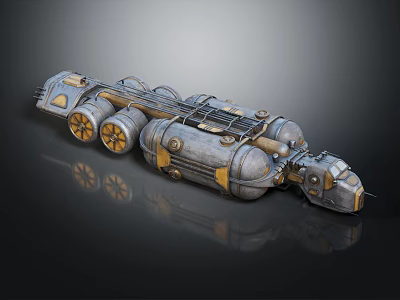 Steampunk Mechanical Vehicle With Multiple Wheels Pipes And Gold Accents 3d model