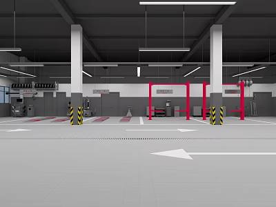 Automotive Repair Workshop With White Pillars Red Equipment Warning Bollards And Floor Arrows 3d model