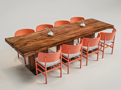 Modern Orange Dining Chairs With Upholstered Seats Around Wooden Table 3d model
