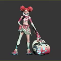 Futuristic Pink Haired Character With Colorful Creature And Roller Equipment