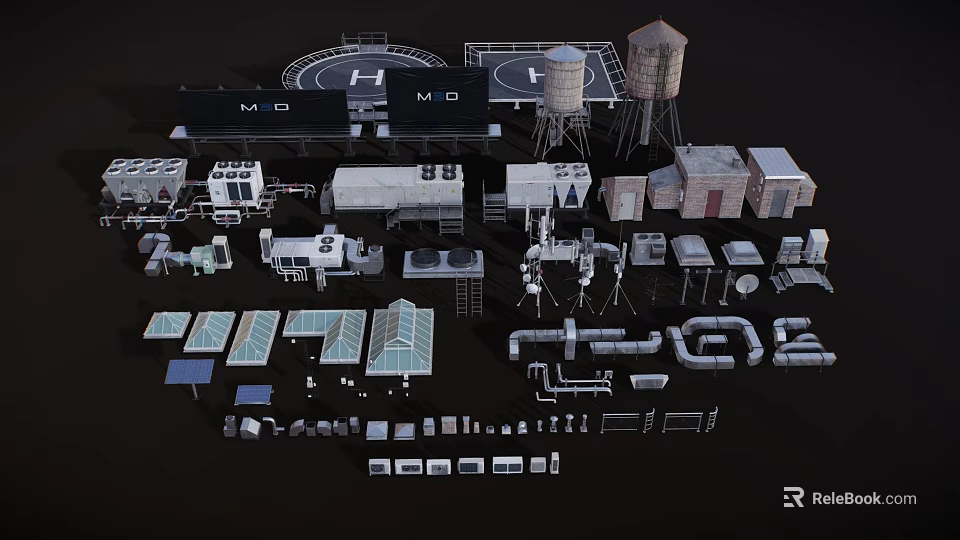 Industrial Scene Construction Components With Water Towers Platforms Pipes And Structures 3d model 