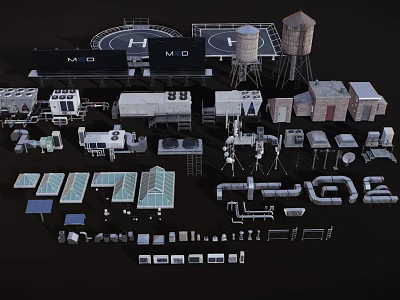 Industrial Scene Construction Components With Water Towers Platforms Pipes And Structures 3d model
