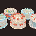 Multiple Colorful Decorated Cakes With Strawberries Animal Figurines And Cream Frosting