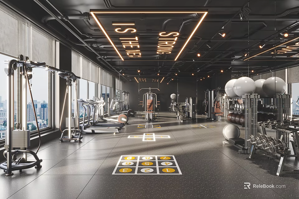 Modern Fitness Gym Interior With Workout Equipment Mirrors And Lighting Design 3d model 