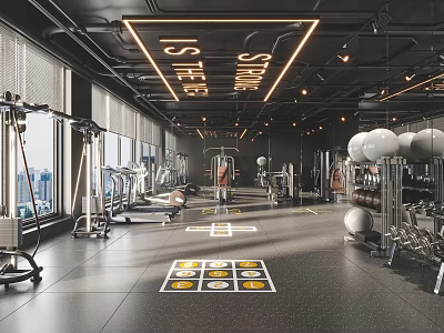 Modern Fitness Gym Interior With Workout Equipment Mirrors And Lighting Design 3d model