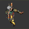 Fantasy Character In Orange Outfit Riding Yellow Motorcycle With Skull Decoration And Green Weapon
