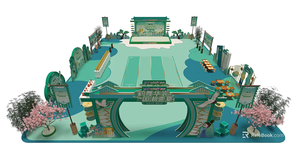 Traditional Green Themed Event Venue With Archway Pavilion Trees Tables And Chairs 3d model 