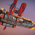 Cartoon Flying Airship With Red Blue Sails Dragon Patterns Yellow Hull And Flaming Details