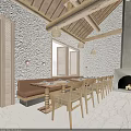 Rustic Restaurant Interior With Wooden Roof Beams Large Windows Rough White Walls And Natural Light