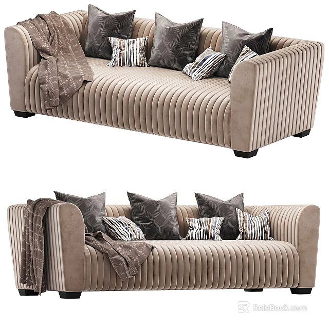 Light Brown Vertical Tufted Velvet Sectional Sofa With Multiple Throw Pillows And Blanket 3d model