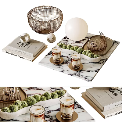 Decorative Ornament Set With Marble Tray Glass Cups Green Spherical Ornaments And Metal Woven Basket 3d model